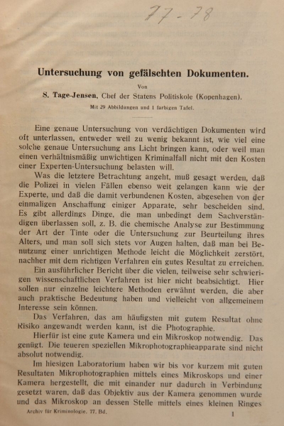 Archiv für Kriminologie, Begründet von Dr. Hans Gross, Band 77 und 78, ca. 1925/1926, Inhaltsverzeichnis Band 77 fehlt, Rücken falsch beschriftet